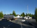 THE POWER AND THE GLORY:  Solar array graciously loaned by Mount Diablo Amateur Radio Club (MDARC) member Charles Henry, KG6PHZ,  powered all ARRL Field Day 2019 W6CX equipment,  including the MDARC-1  communications van, shown in Heather Farm Park in Walnut Creek, California on Saturday evening June 22.  (N4DLA photo)
